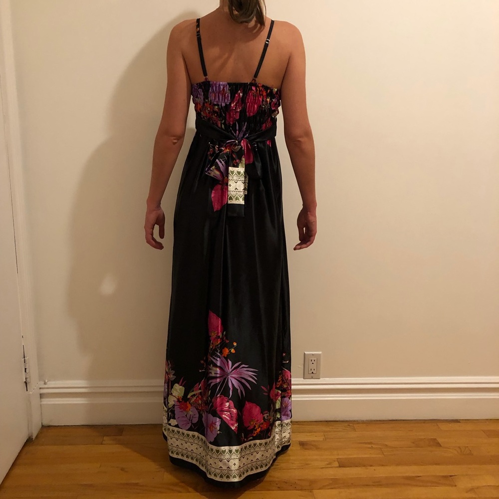 Boho Silky Black Floral Maxi Dress - Size M | Formal Prom Bridesmaid Long Gown - Picture 4 of 9